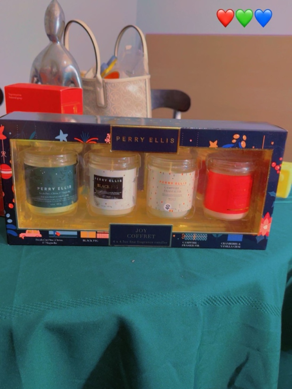 Perry Ellis 4-Jar Fragrance Candle Set in Teal, White, Clear, Red